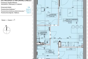 Rzut - Mieszkanie na sprzedaż 3 pokoje o powierzchni 54,95 m² - numer 79B w Osiedle Młodych etap VII