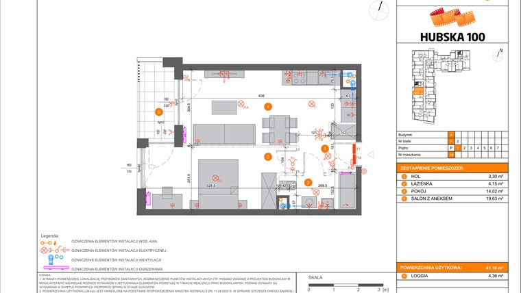 Rzut - Mieszkanie na sprzedaż 2 pokoje o powierzchni 41,1 m² - numer 19 w Hubska 100 etap 2