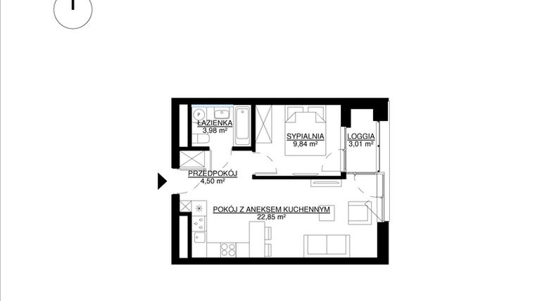 Rzut - Mieszkanie na sprzedaż 2 pokoje o powierzchni 41,17 m² - numer M113 w KrakoVska etap 2