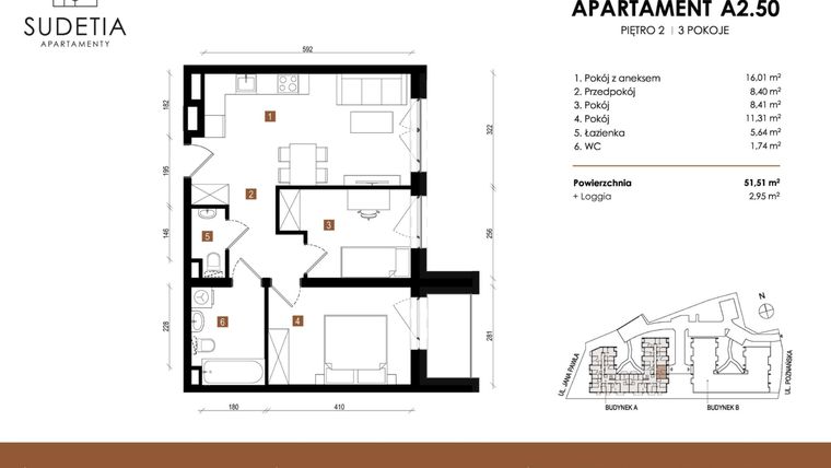 Rzut - Mieszkanie na sprzedaż 3 pokoje o powierzchni 51,51 m² - numer A 2.50 w Apartamenty Sudetia