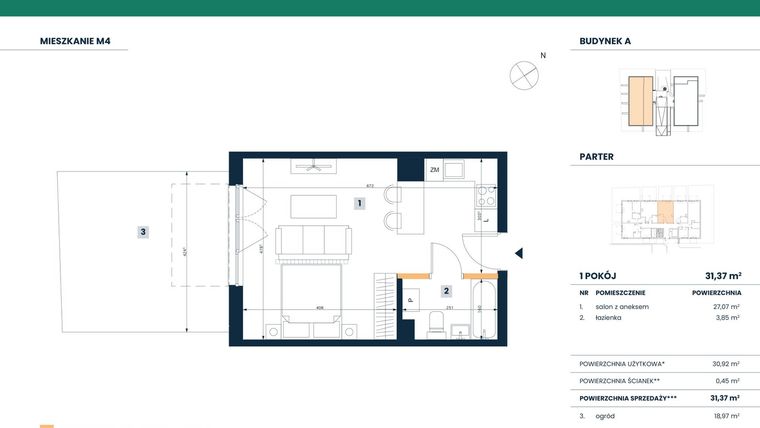 Rzut - Mieszkanie na sprzedaż 1 pokój o powierzchni 30,92 m² - numer M04 w Reneta