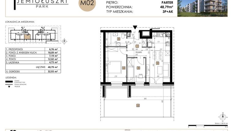 Rzut - Mieszkanie na sprzedaż 3 pokoje o powierzchni 48,79 m² - numer M02 w Jemiołuszki Park