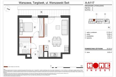 Rzut - Mieszkanie na sprzedaż 2 pokoje o powierzchni 42,52 m² - numer A-A117 w Warszawski Świt etap VII