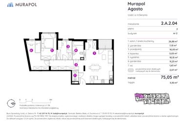 Rzut - Mieszkanie na sprzedaż 2 pokoje o powierzchni 75,22 m² - numer 2.A.2.04 w Murapol Agosto