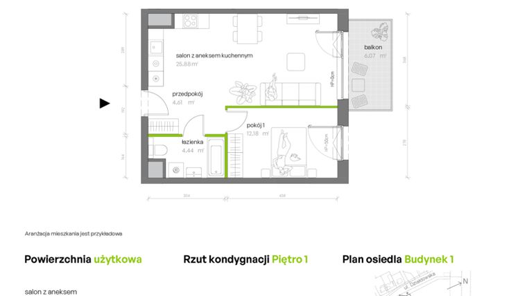 Rzut - Mieszkanie na sprzedaż 2 pokoje o powierzchni 47,11 m² - numer 1.01.M15 w Morska Vita