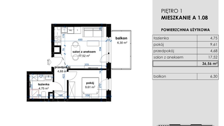 Rzut - Mieszkanie na sprzedaż 2 pokoje o powierzchni 36,56 m² - numer A 1.08 w Osiedle Kwiatowe