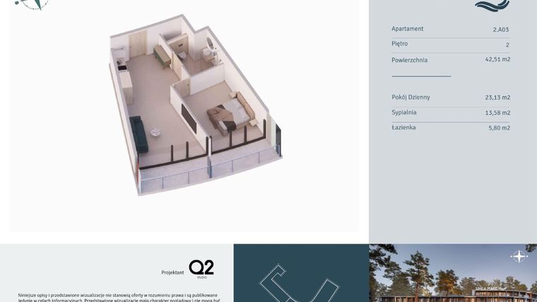 Rzut - Mieszkanie na sprzedaż 2 pokoje o powierzchni 42,51 m² - numer 2.A03 w Linea Mare - apartamenty inwestycyjne