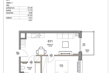 Rzut - Mieszkanie na sprzedaż 2 pokoje o powierzchni 37,23 m² - numer 11 w Rezydencja Liwska 3