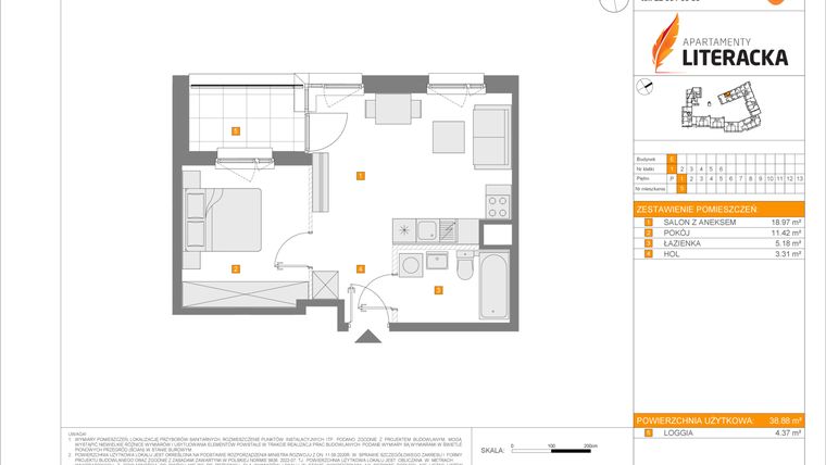 Rzut - Mieszkanie na sprzedaż 2 pokoje o powierzchni 38,88 m² - numer E.5 w Apartamenty Literacka etap 2.2