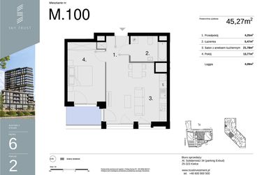 Rzut - Mieszkanie na sprzedaż 2 pokoje o powierzchni 45,27 m² - numer M100 w Sky Trust etap II