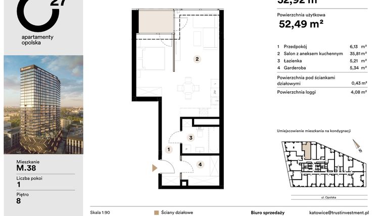 Rzut - Mieszkanie na sprzedaż 1 pokój o powierzchni 52,92 m² - numer M.38 w O27 Apartamenty Opolska