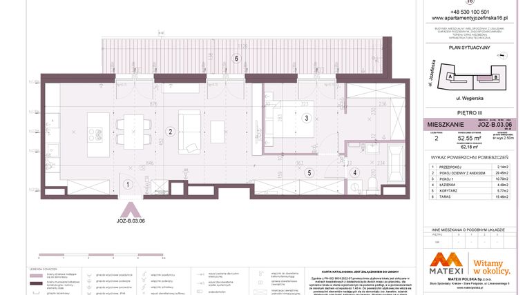 Rzut - Mieszkanie na sprzedaż 2 pokoje o powierzchni 52,55 m² - numer B.03.06 w Apartamenty Józefińska
