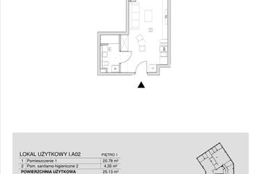 Rzut - Mieszkanie na sprzedaż 1 pokój o powierzchni 25,13 m² - numer I.A.02 w Krakowska 35 - Apartamenty Inwestycyjne