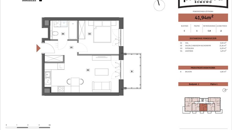 Rzut - Mieszkanie na sprzedaż 2 pokoje o powierzchni 41,94 m² - numer C.08 w Premiera Bemowo
