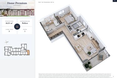 Rzut - Mieszkanie na sprzedaż 3 pokoje o powierzchni 66,91 m² - numer 54 w Apartamenty Home Premium etap 2