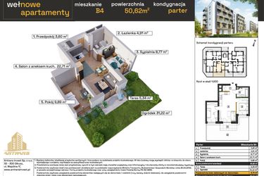 Rzut - Mieszkanie na sprzedaż 3 pokoje o powierzchni 50,71 m² - numer B4 w Osiedle Wełnowe Apartamenty