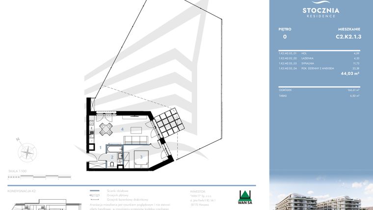 Rzut - Mieszkanie na sprzedaż 2 pokoje o powierzchni 44,03 m² - numer C2.K2.1.3 w Stocznia Residence