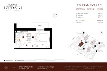 Rzut - Mieszkanie na sprzedaż 1 pokój o powierzchni 22,52 m² - numer A3.01 w Bulwar Izerski