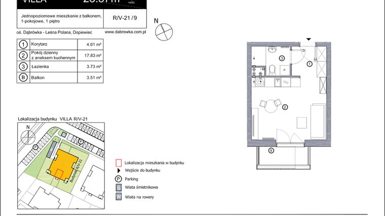 Rzut - Mieszkanie na sprzedaż 1 pokój o powierzchni 25,64 m² - numer R_V-21_9 w os. Dąbrówka – Leśna Polana