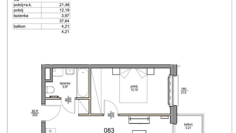 Rzut - Mieszkanie na sprzedaż 2 pokoje o powierzchni 37,64 m² - numer 83 w Rezydencja Liwska 3