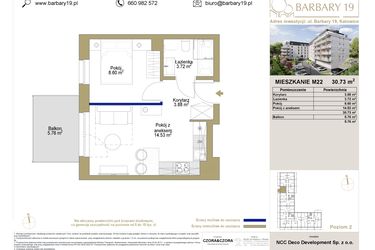 Rzut - Mieszkanie na sprzedaż 2 pokoje o powierzchni 30,73 m² - numer 22 w Barbary 19