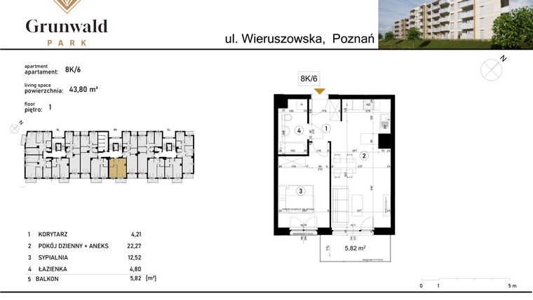 Rzut - Mieszkanie na sprzedaż 2 pokoje o powierzchni 43,8 m² - numer 8 K/6 w Grunwald Park