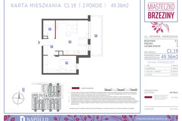 Rzut - Mieszkanie na sprzedaż 2 pokoje o powierzchni 49,36 m² - numer C1.19 w Miasteczko Brzeziny II