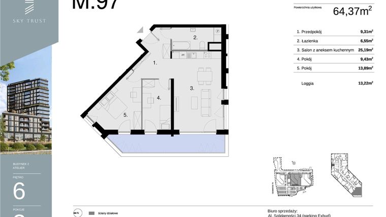 Rzut - Mieszkanie na sprzedaż 3 pokoje o powierzchni 64,37 m² - numer M97 w Sky Trust etap II