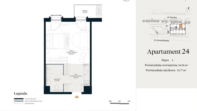 Rzut - Mieszkanie na sprzedaż 1 pokój o powierzchni 34,3 m² - numer U.4.24 w Smolna 23