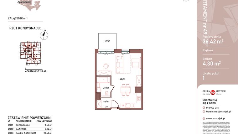 Rzut - Mieszkanie na sprzedaż 1 pokój o powierzchni 36,42 m² - numer 49 w Kopalniana
