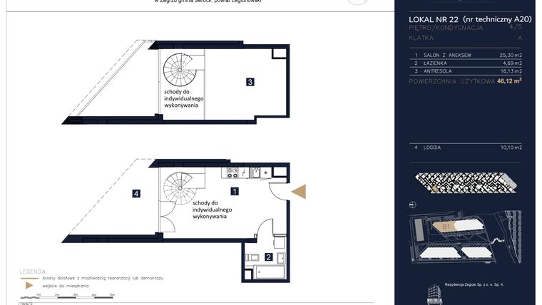 Rzut - Mieszkanie na sprzedaż 1 pokój o powierzchni 46,12 m² - numer A20 w Rezydencja Zegrze etap II