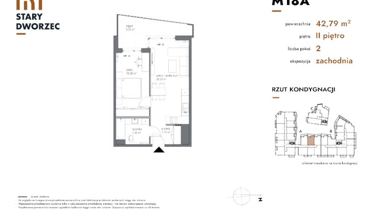 Rzut - Mieszkanie na sprzedaż 2 pokoje o powierzchni 42,79 m² - numer M 18A w Stary Dworzec