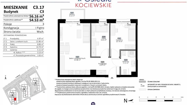 Rzut - Mieszkanie na sprzedaż 3 pokoje o powierzchni 54,53 m² - numer C3.17 w Osiedle Kociewskie etap III
