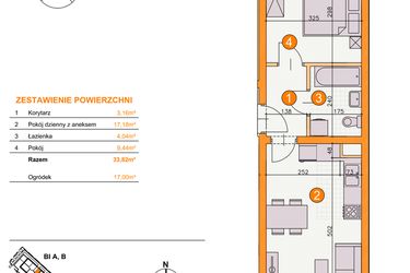 Rzut - Mieszkanie na sprzedaż 2 pokoje o powierzchni 33,82 m² - numer BI/A1 w Osiedle Bocianie Gniazdo 2