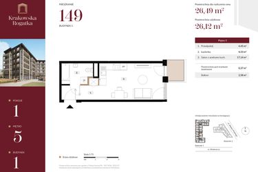 Rzut - Mieszkanie na sprzedaż 1 pokój o powierzchni 26,49 m² - numer 1.M149 w Krakowska Rogatka
