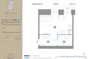 Rzut - Mieszkanie na sprzedaż 1 pokój o powierzchni 28,73 m² - numer 25 w Oficyna - Apartamenty Inwestycyjne Apart Hotel