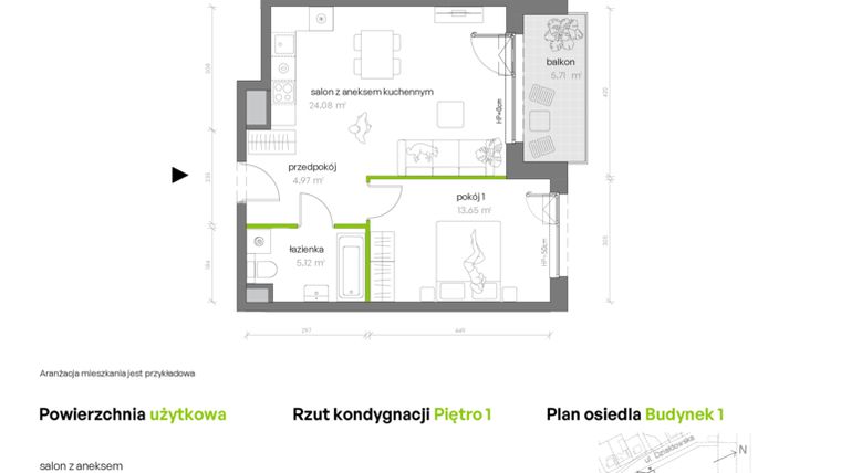 Rzut - Mieszkanie na sprzedaż 2 pokoje o powierzchni 47,82 m² - numer 1.01.M16 w Morska Vita