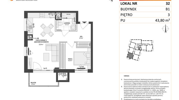 Rzut - Mieszkanie na sprzedaż 2 pokoje o powierzchni 43,8 m² - numer 32 w Leśna Góra