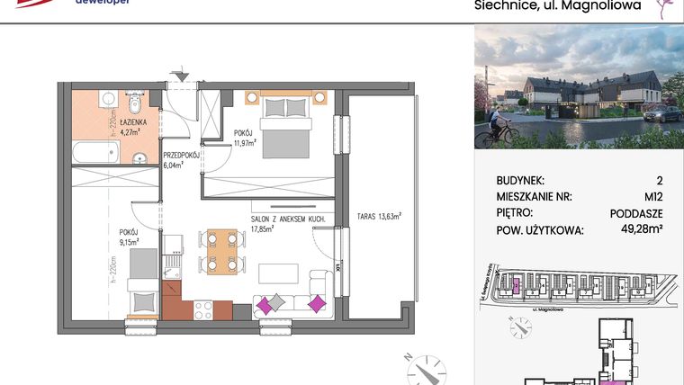 Rzut - Mieszkanie na sprzedaż 3 pokoje o powierzchni 49,28 m² - numer Bud.2-12 w Willa Magnolia