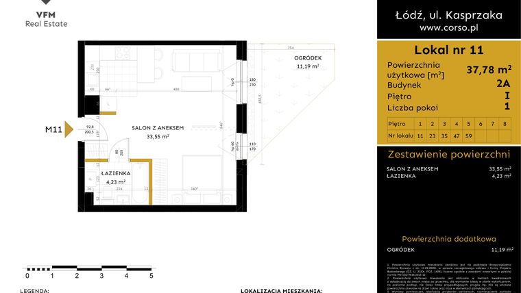 Rzut - Mieszkanie na sprzedaż 1 pokój o powierzchni 37,78 m² - numer 2A.11 w Corso etap 2