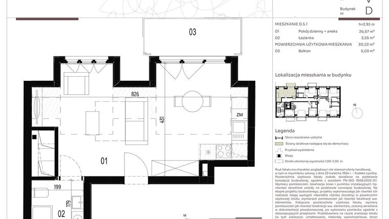 Rzut - Mieszkanie na sprzedaż 1 pokój o powierzchni 30,22 m² - numer D.5.1 w Nowa Stawowa