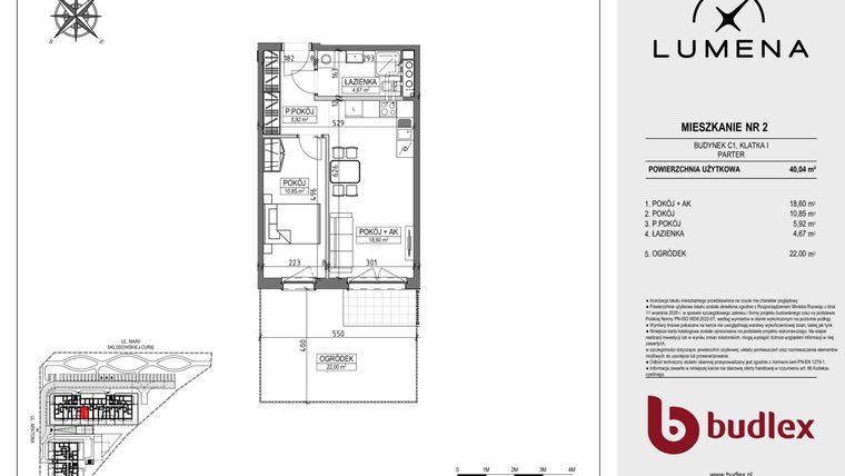 Rzut - Mieszkanie na sprzedaż 2 pokoje o powierzchni 40,04 m² - numer C1.02 w Lumena