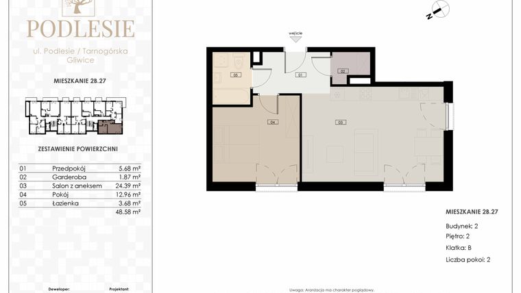 Rzut - Mieszkanie na sprzedaż 2 pokoje o powierzchni 48,58 m² - numer 2B.27 w Podlesie
