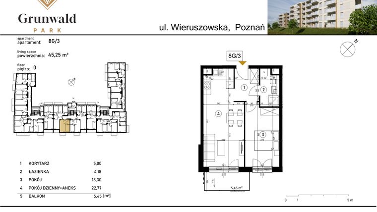 Rzut - Mieszkanie na sprzedaż 2 pokoje o powierzchni 45,25 m² - numer 8 G/3 w Grunwald Park