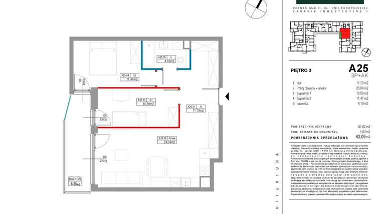 Rzut - Mieszkanie na sprzedaż 3 pokoje o powierzchni 61,02 m² - numer A025 w Grunwald Między Drzewami etap II