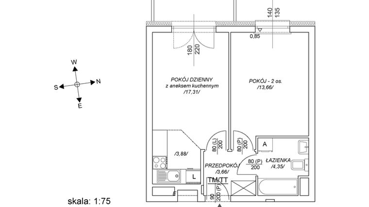 Rzut - Mieszkanie na sprzedaż 2 pokoje o powierzchni 38,98 m² - numer M55 w Osiedle Mała Dziesiąta etap II