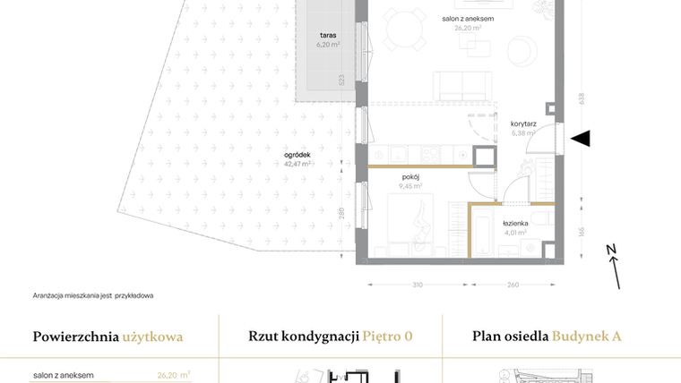 Rzut - Mieszkanie na sprzedaż 2 pokoje o powierzchni 45,04 m² - numer A/01 w Królowej Jadwigi