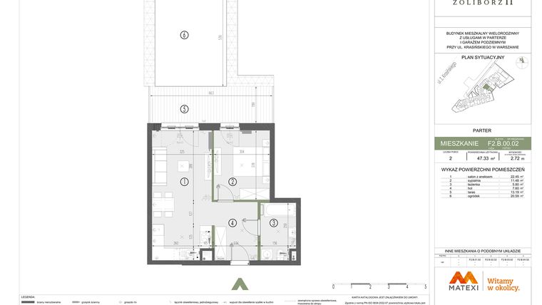 Rzut - Mieszkanie na sprzedaż 2 pokoje o powierzchni 47,33 m² - numer F2.B.00.02 w Sady Żoliborz II