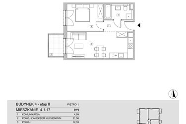 Rzut - Mieszkanie na sprzedaż 2 pokoje o powierzchni 43,74 m² - numer 4.1.17 w ATAL Apollina II