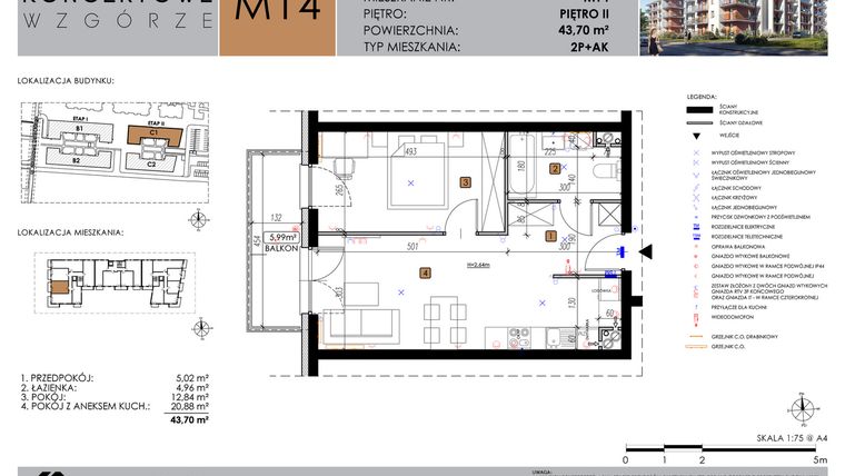Rzut - Mieszkanie na sprzedaż 2 pokoje o powierzchni 43,7 m² - numer C1_M14 w Koncertowe Wzgórze etap II